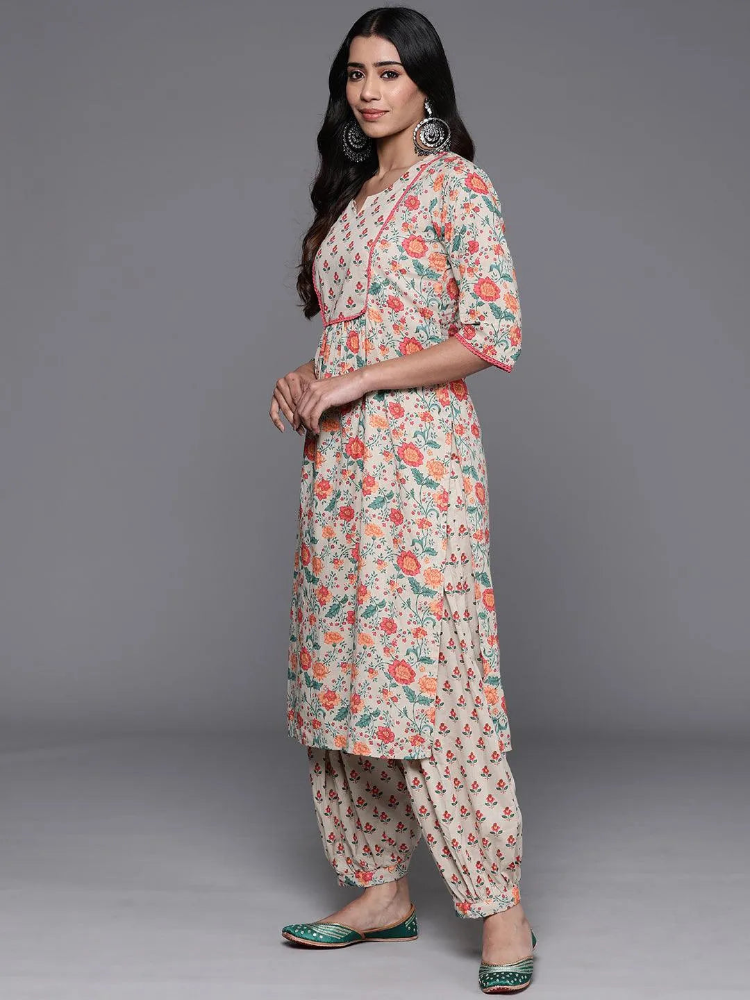 Beige Printed Cotton Straight Kurta Set