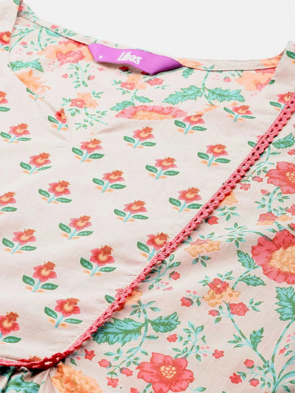 Beige Printed Cotton Straight Kurta Set