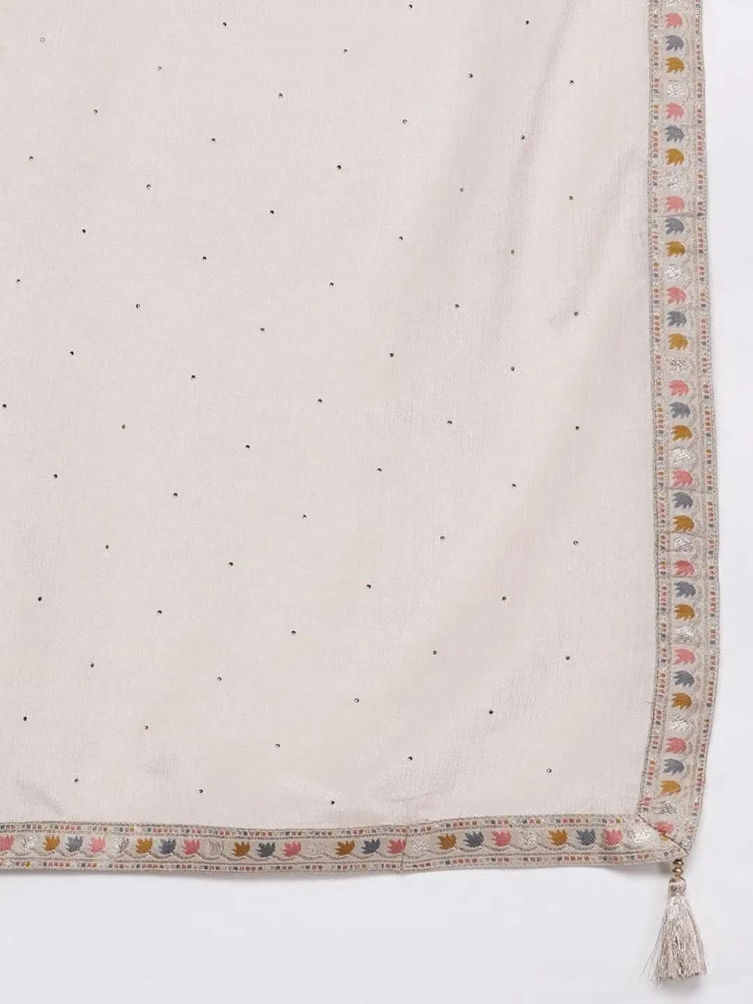 Beige Woven Design Silk Straight Kurta With Trouser & Dupatta