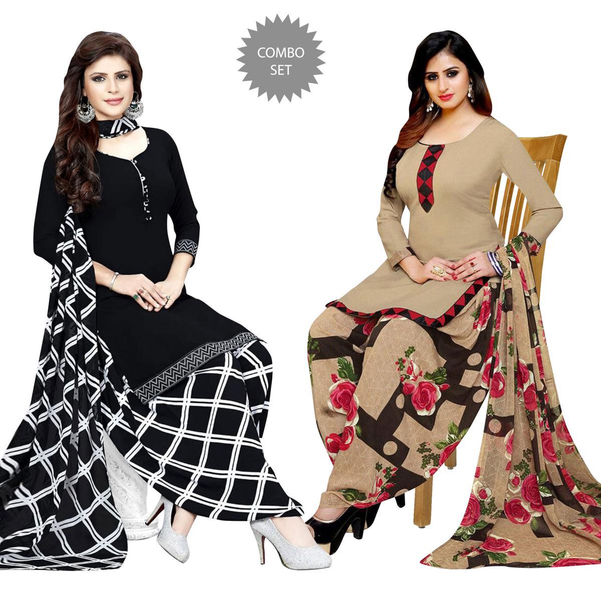 Black & Beige Casual Wear Printed Crepe Patiala Dress Material - Pack Of 2
