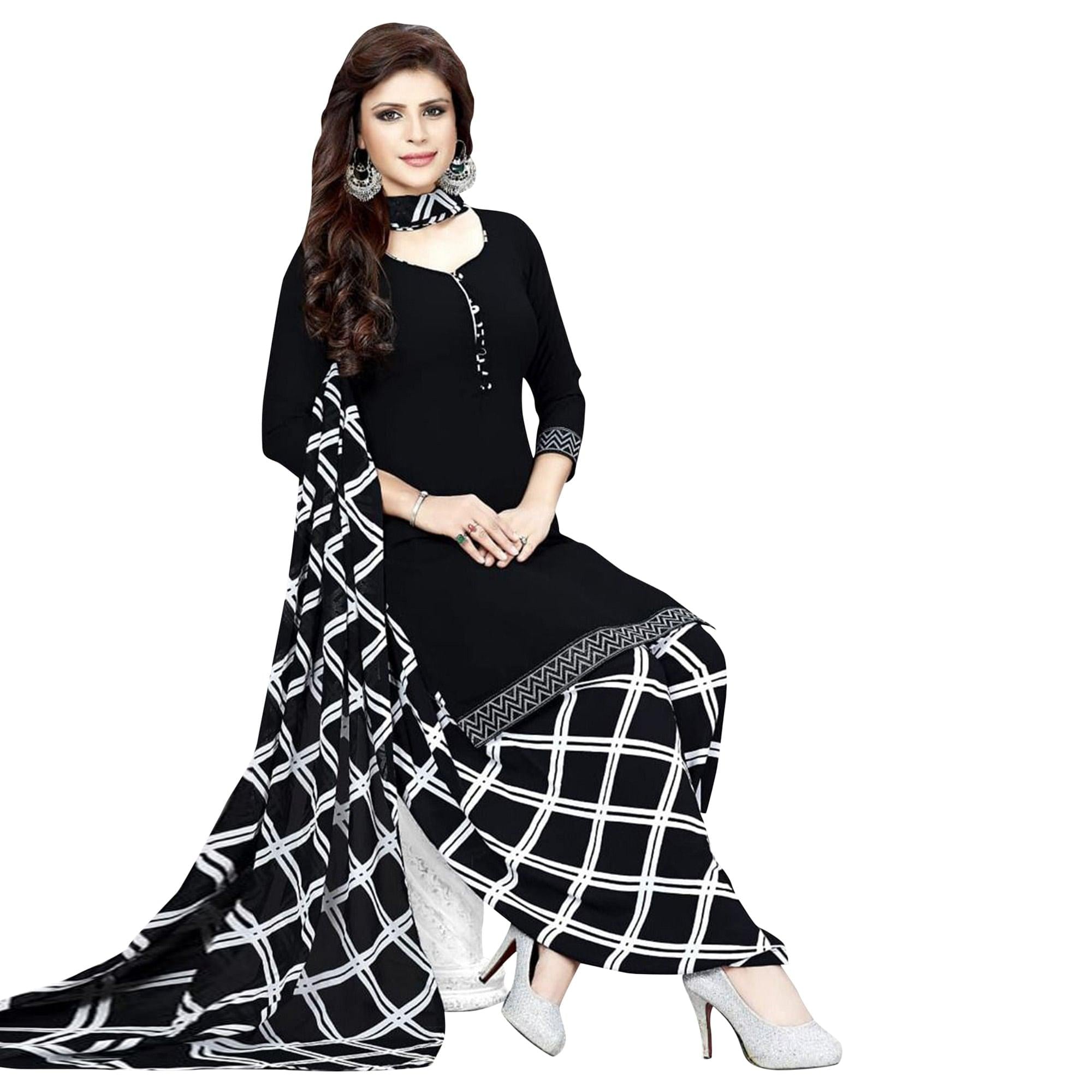 Black & Beige Casual Wear Printed Crepe Patiala Dress Material - Pack Of 2