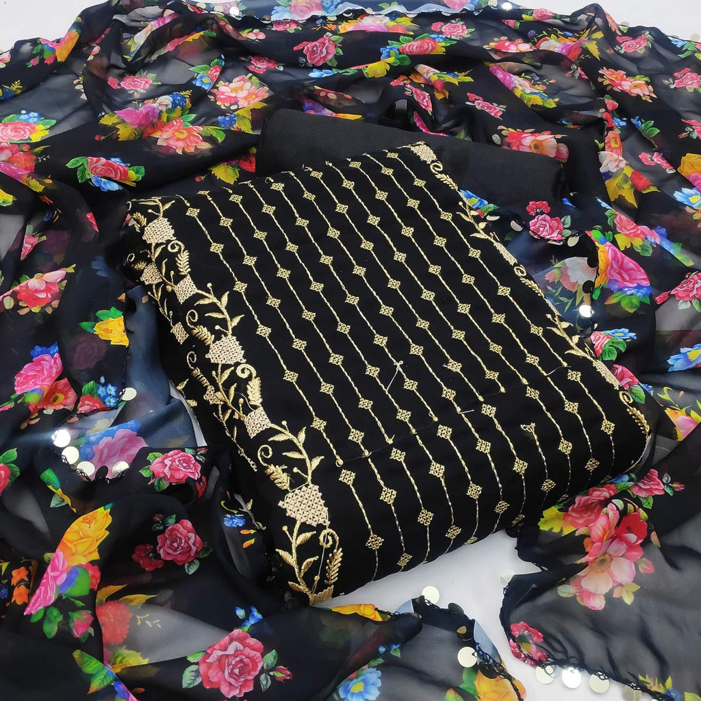 Black Casual Wear Embroidered Georgette Dress Material