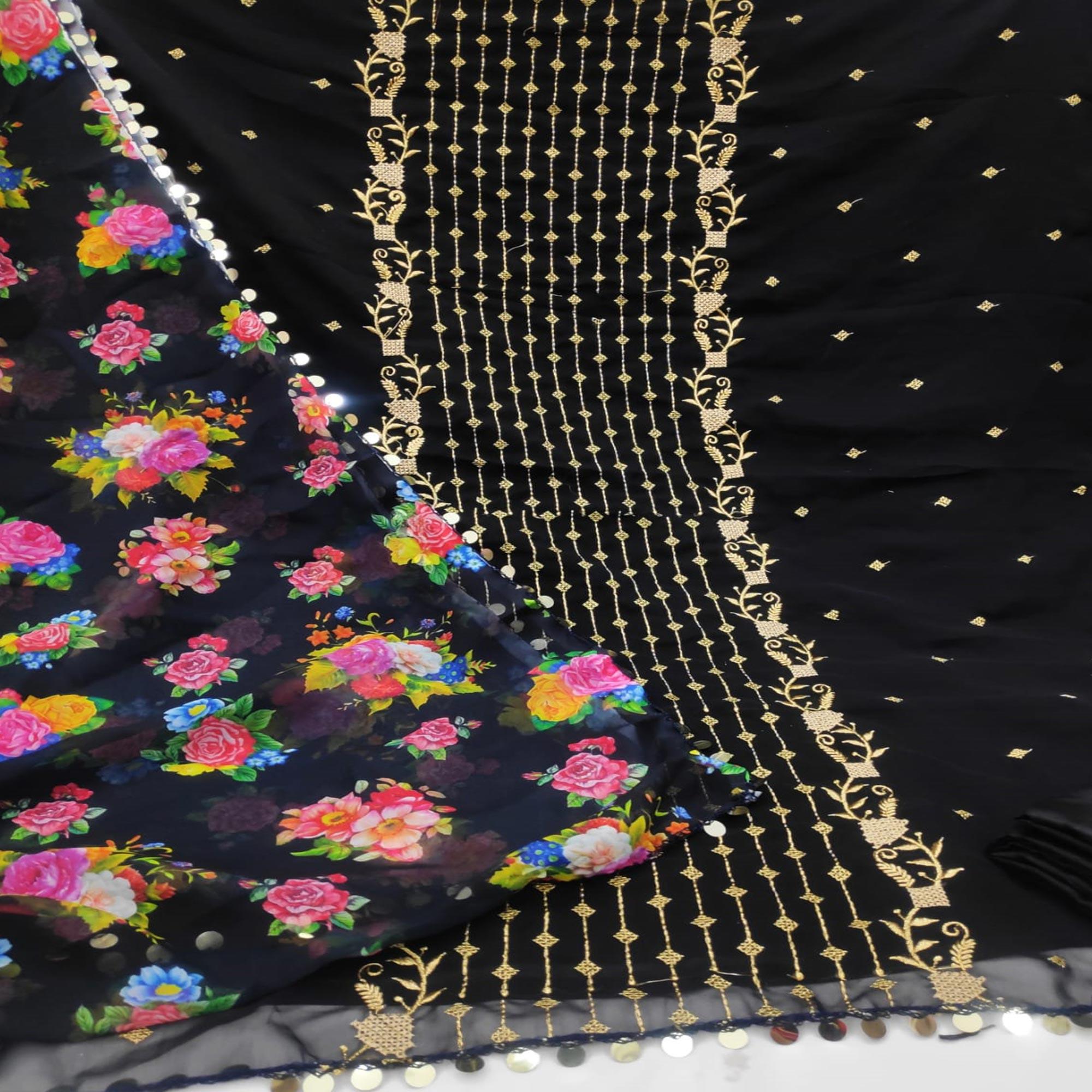 Black Casual Wear Embroidered Georgette Dress Material