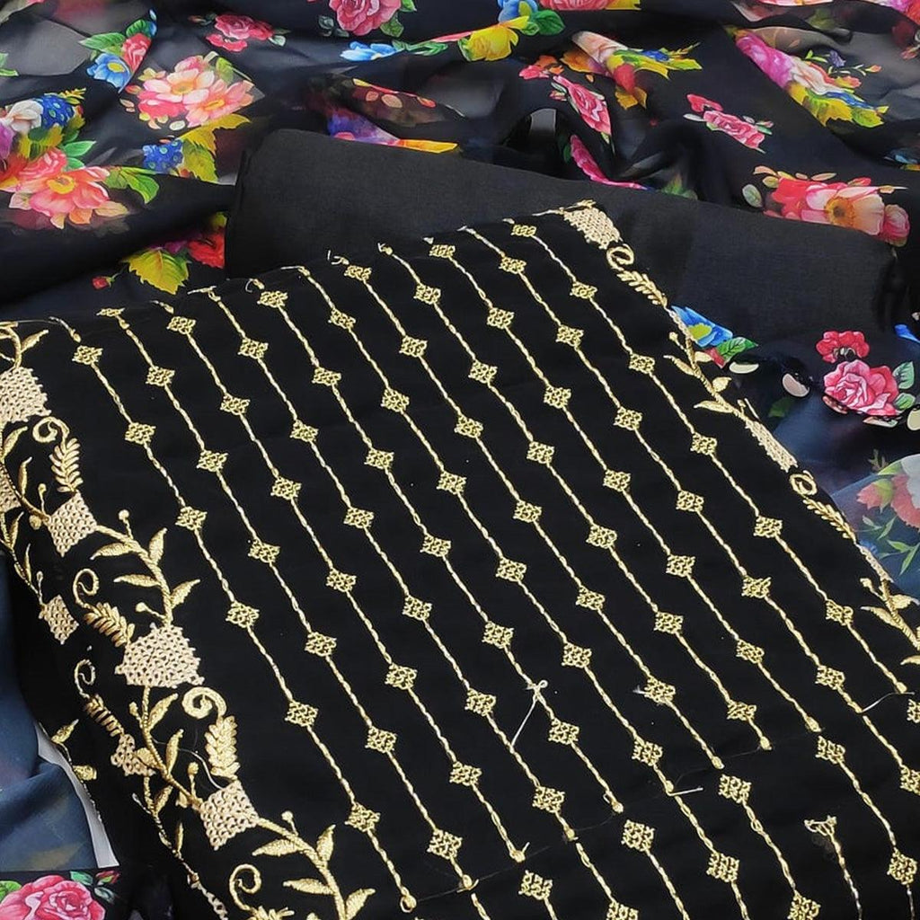 Black Casual Wear Embroidered Georgette Dress Material