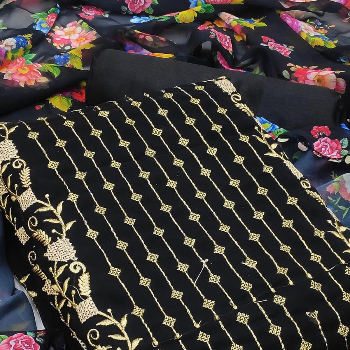 Black Casual Wear Embroidered Georgette Dress Material