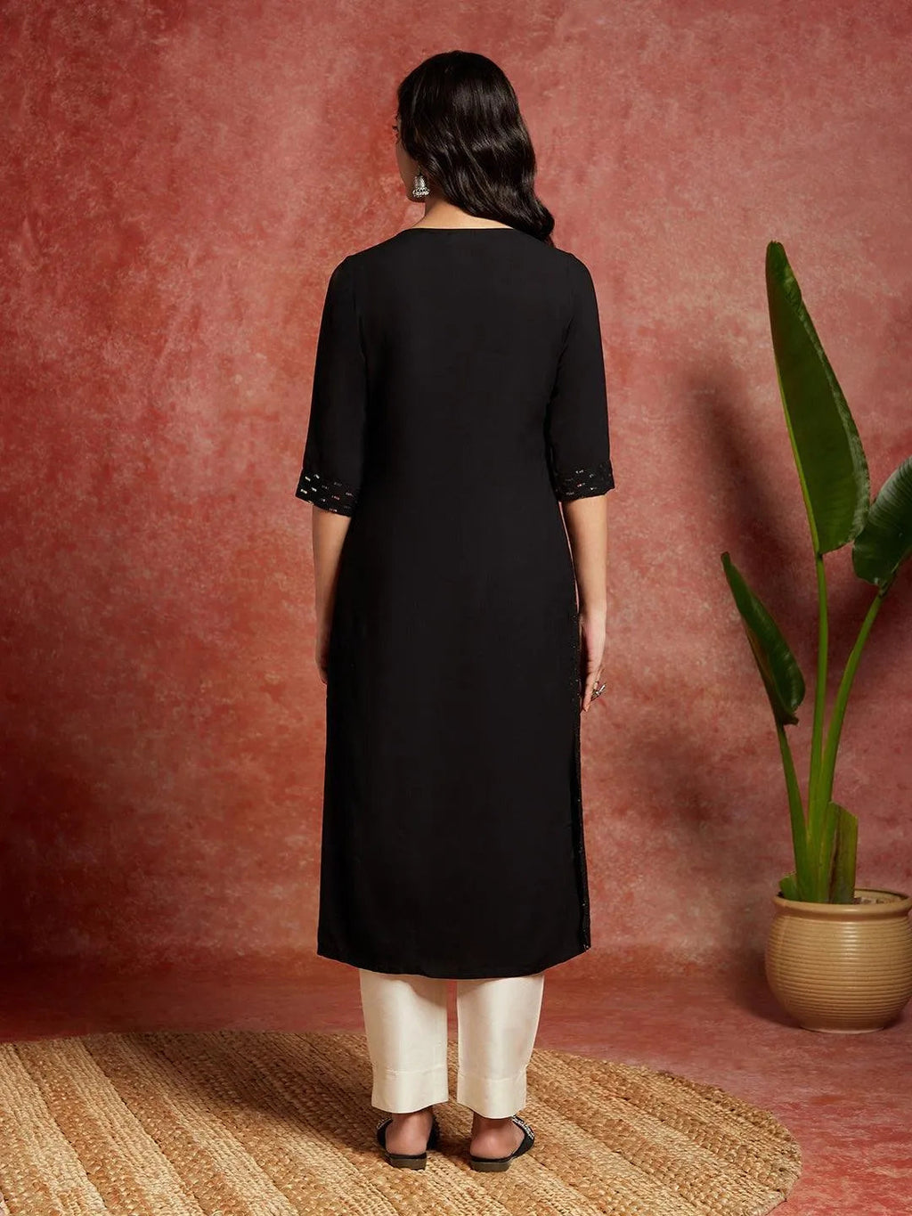 Black Embellished Rayon Straight Kurta - Libas