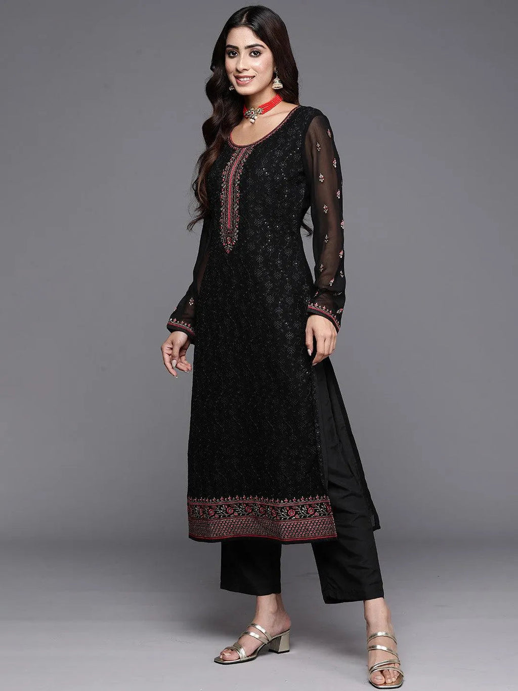 Black Embroidered Georgette Straight Suit With Dupatta