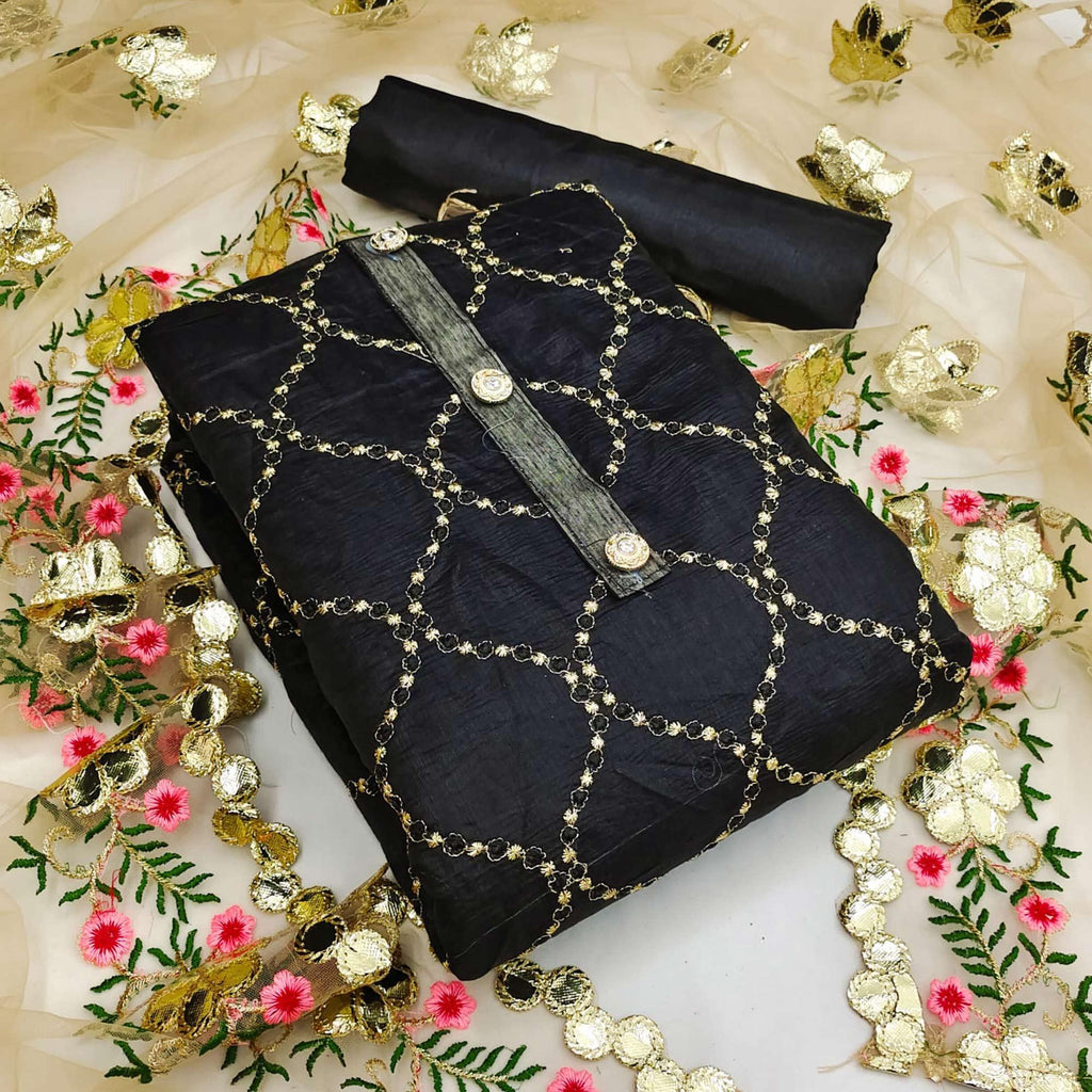 Black Festive Wear Embroidered Chanderi Dress Material