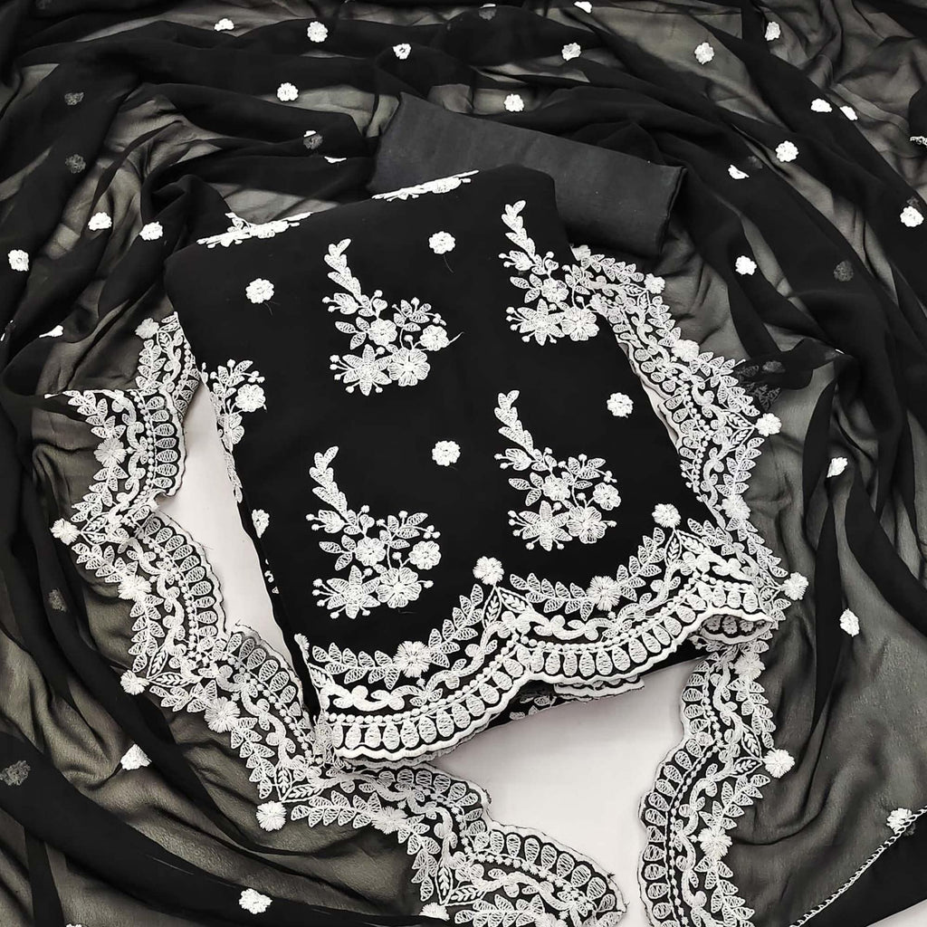Black Floral Embroidered Georgette Dress Material
