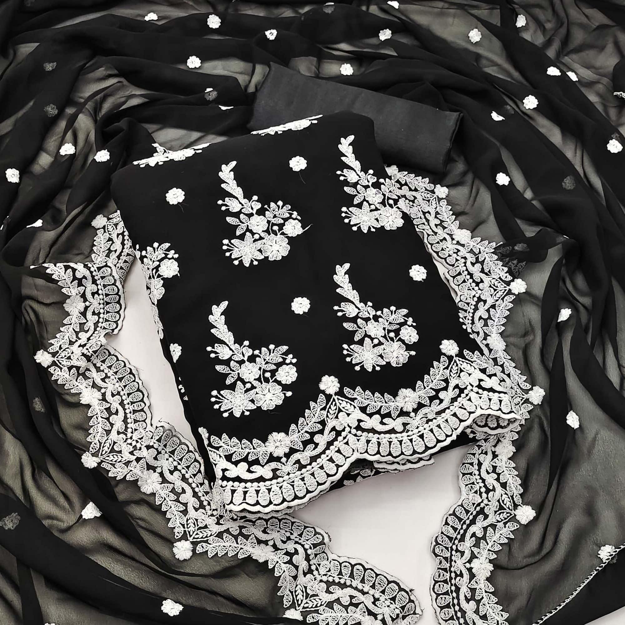Black Floral Embroidered Georgette Dress Material