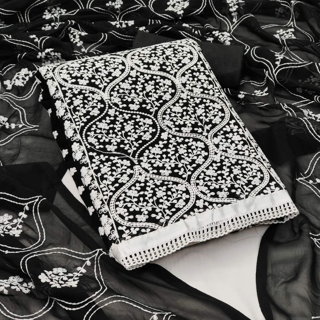 Black Floral Embroidered Georgette Dress Material