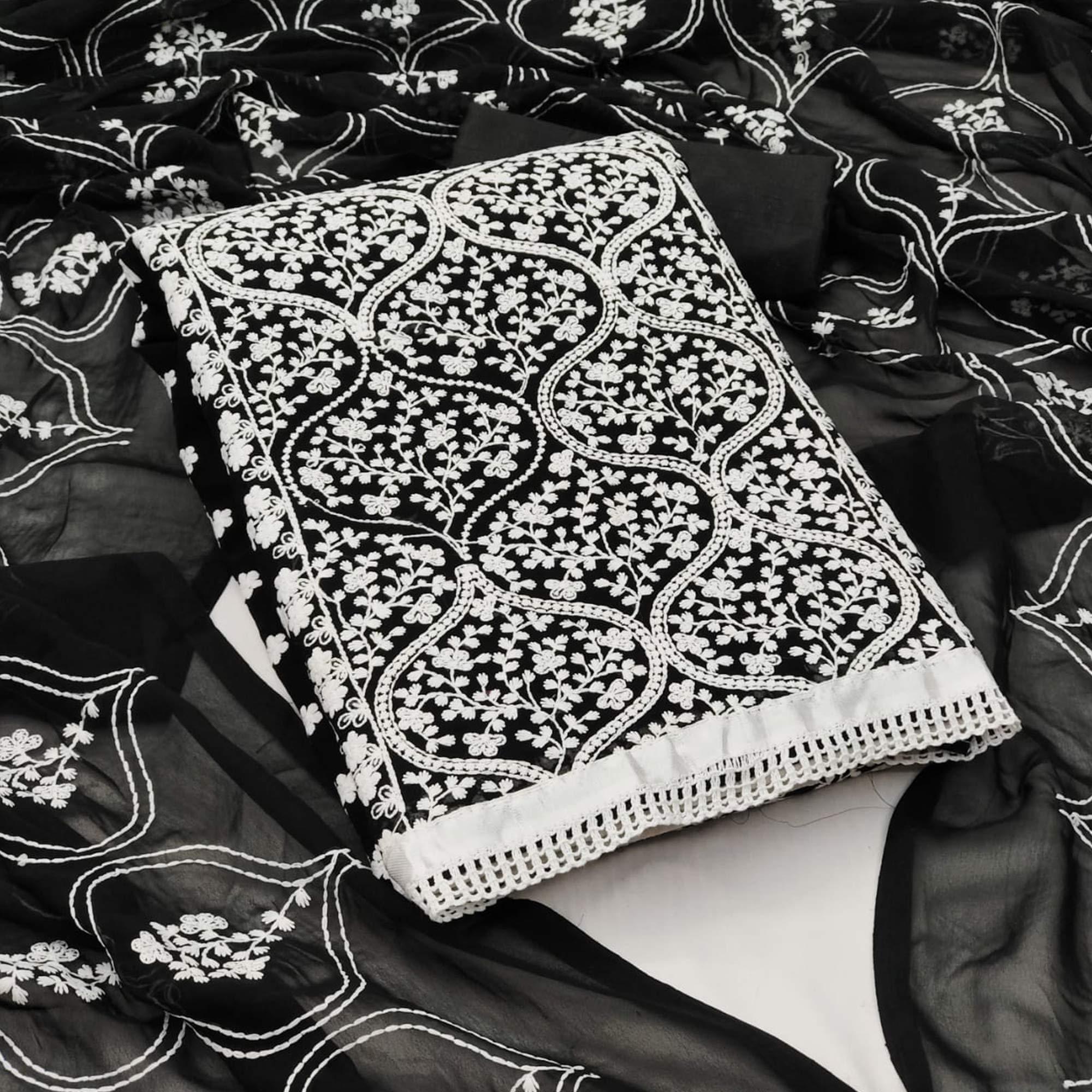 Black Floral Embroidered Georgette Dress Material