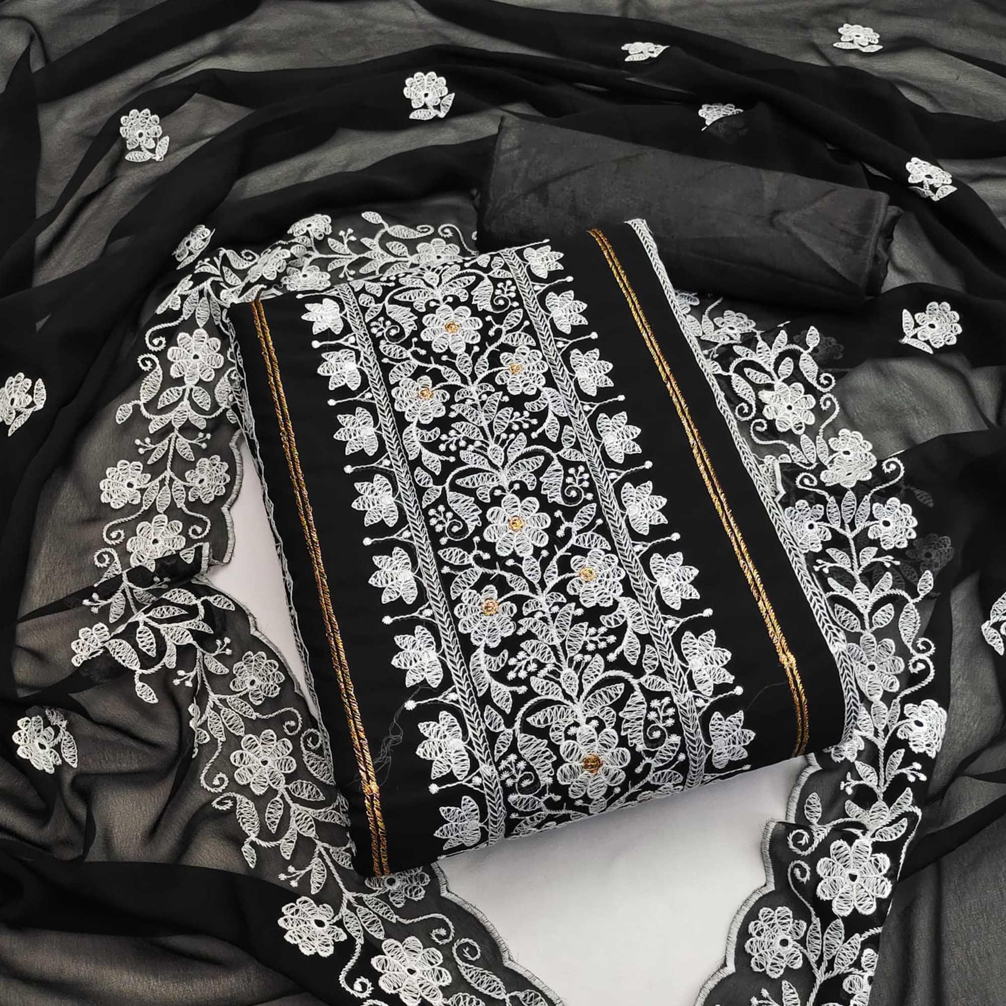 Black Floral Embroidered Georgette Dress Material
