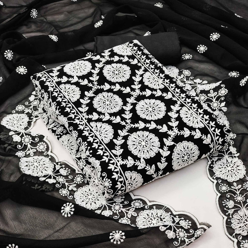 Black Floral Embroidered Georgette Dress Material