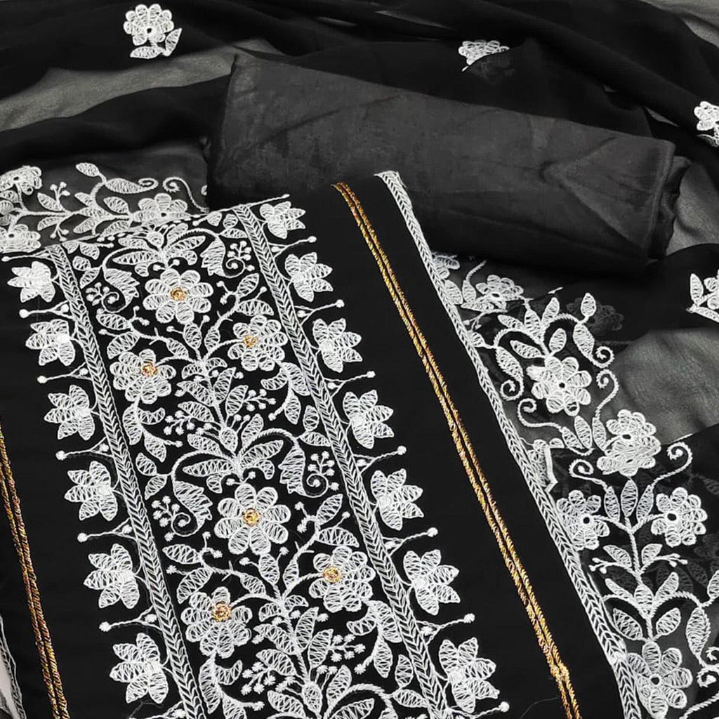 Black Floral Embroidered Georgette Dress Material