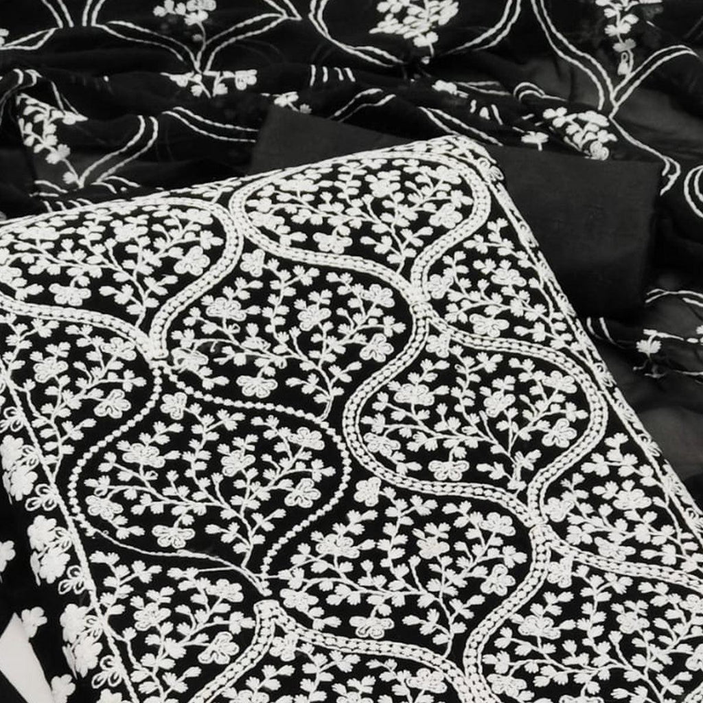 Black Floral Embroidered Georgette Dress Material