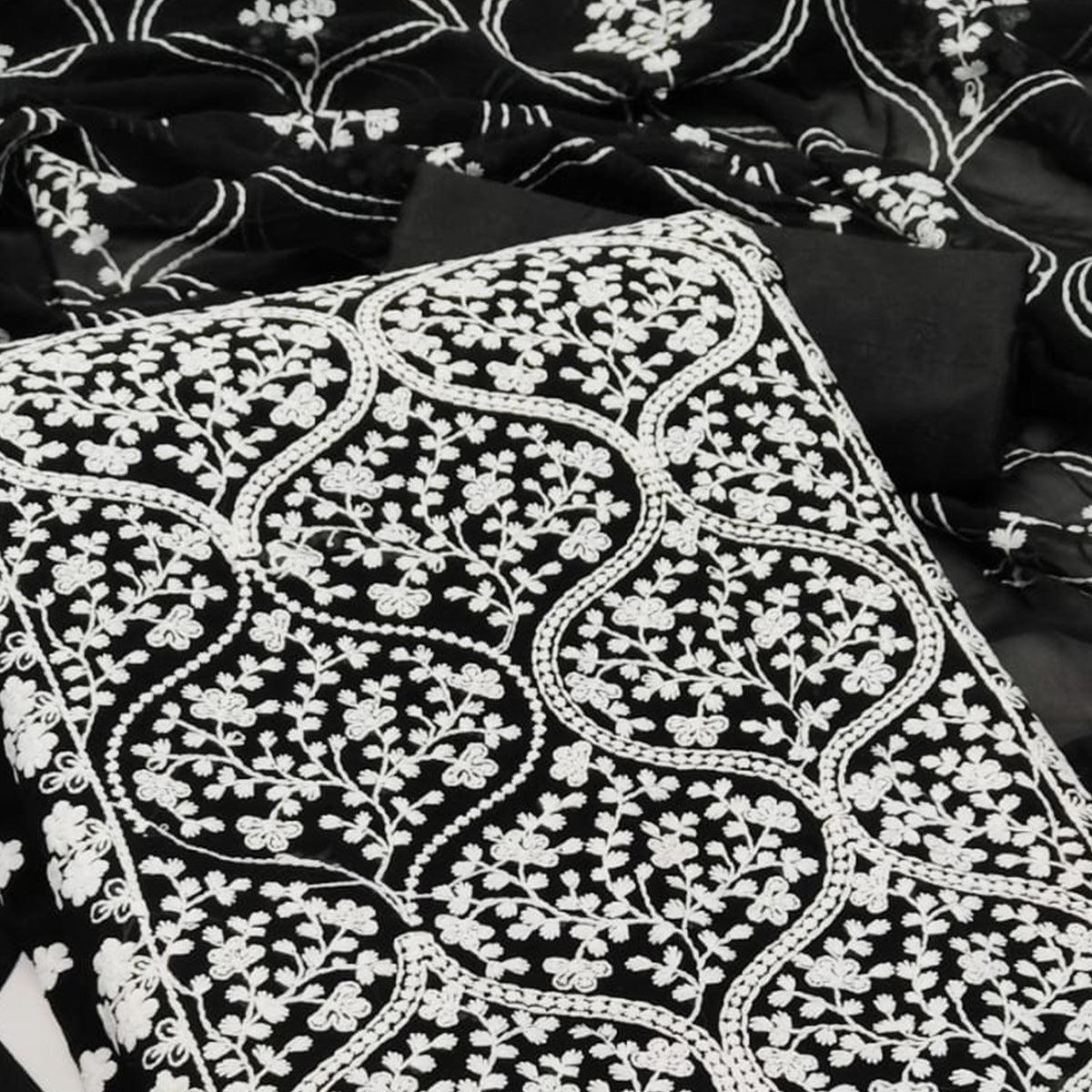 Black Floral Embroidered Georgette Dress Material