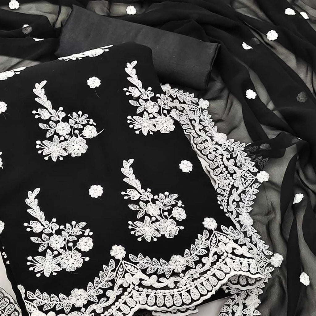 Black Floral Embroidered Georgette Dress Material