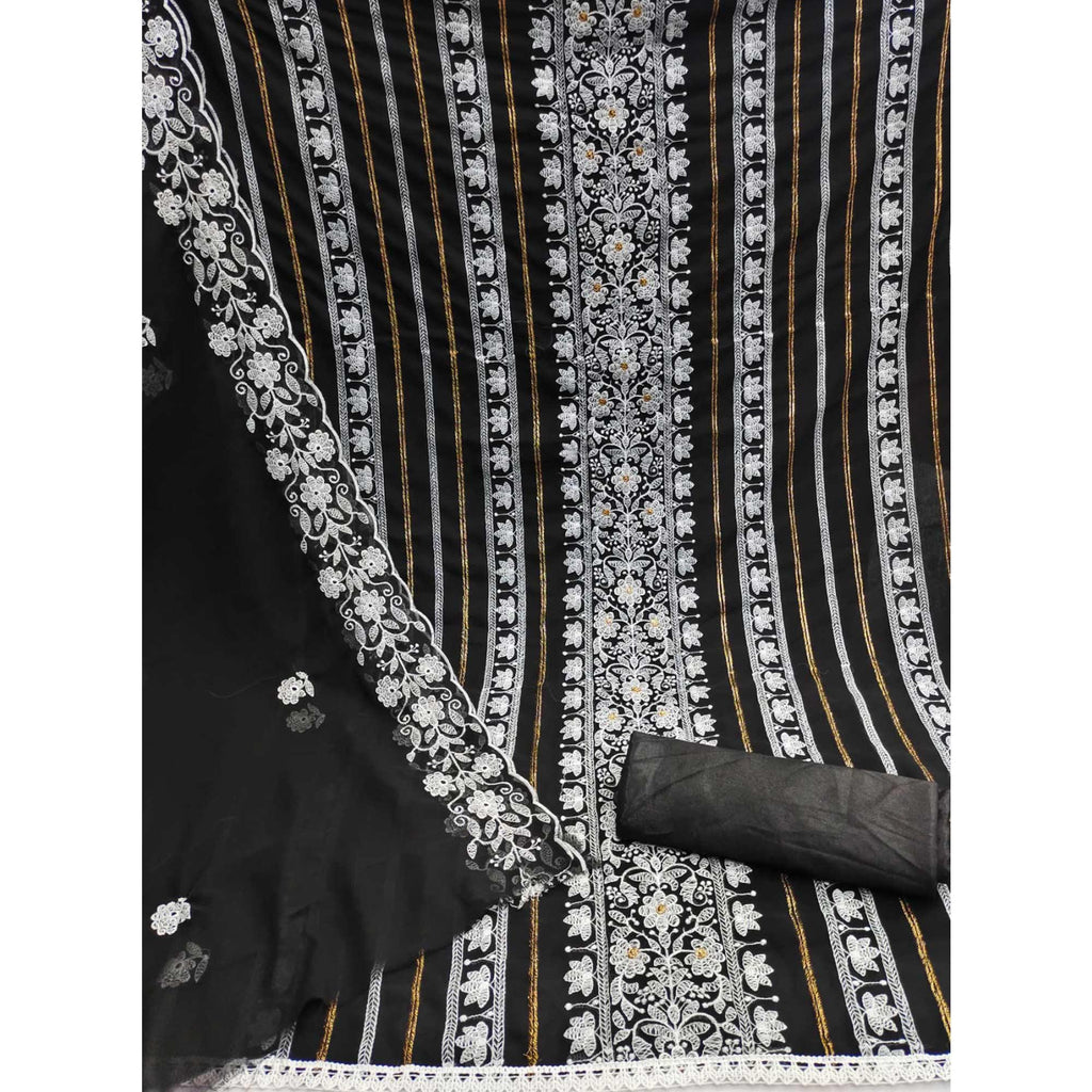 Black Floral Embroidered Georgette Dress Material