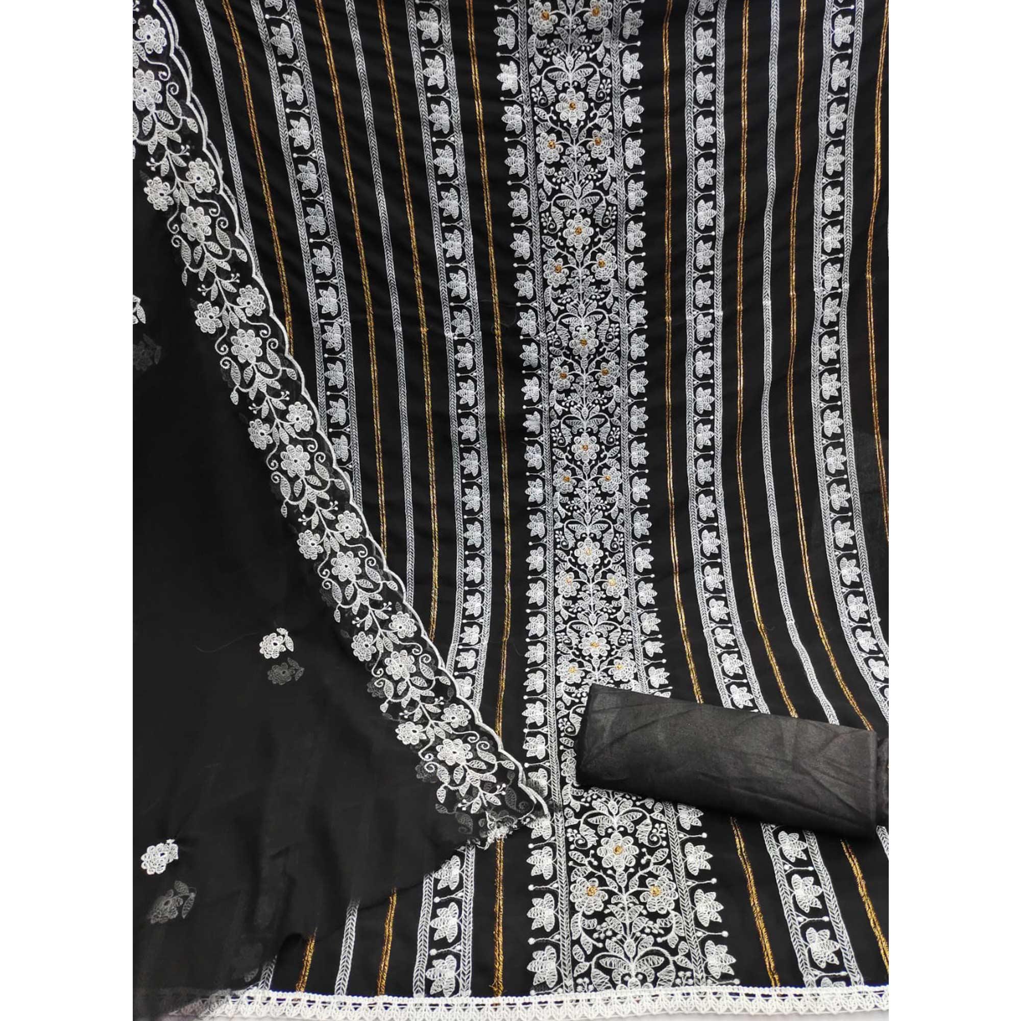 Black Floral Embroidered Georgette Dress Material