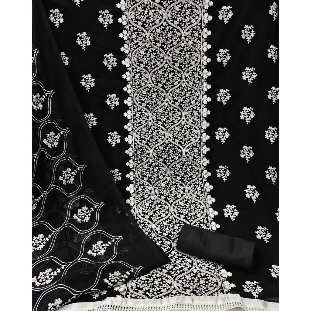 Black Floral Embroidered Georgette Dress Material