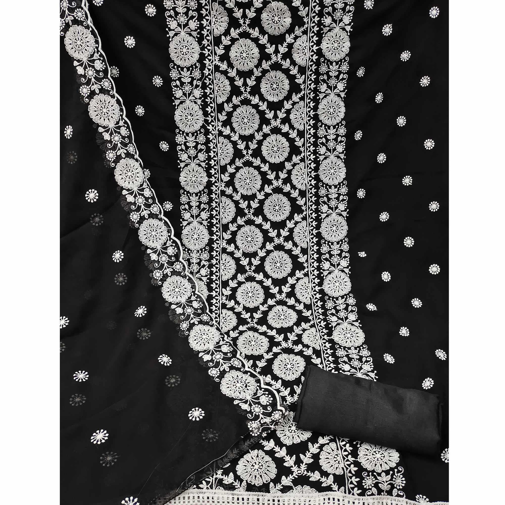 Black Floral Embroidered Georgette Dress Material