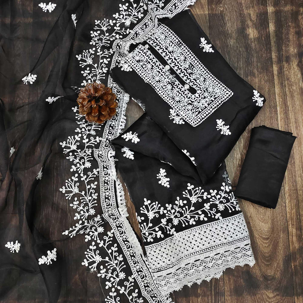 Black Floral Embroidered Organza Dress Material