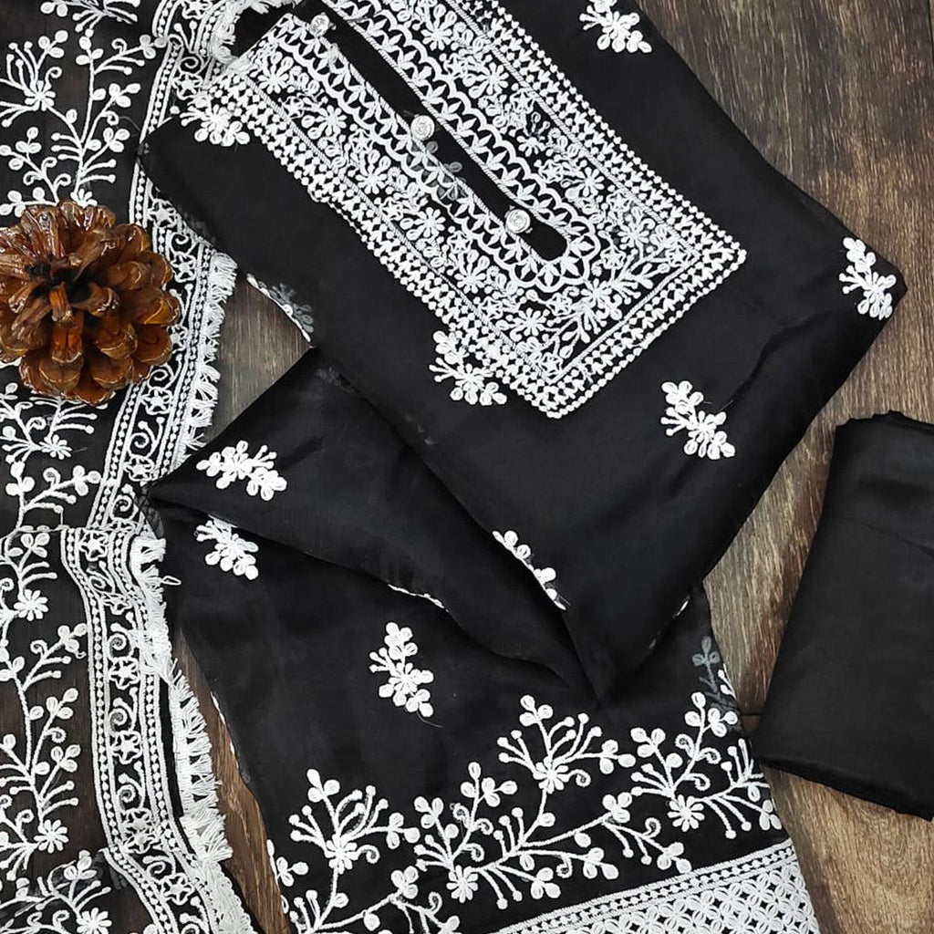 Black Floral Embroidered Organza Dress Material