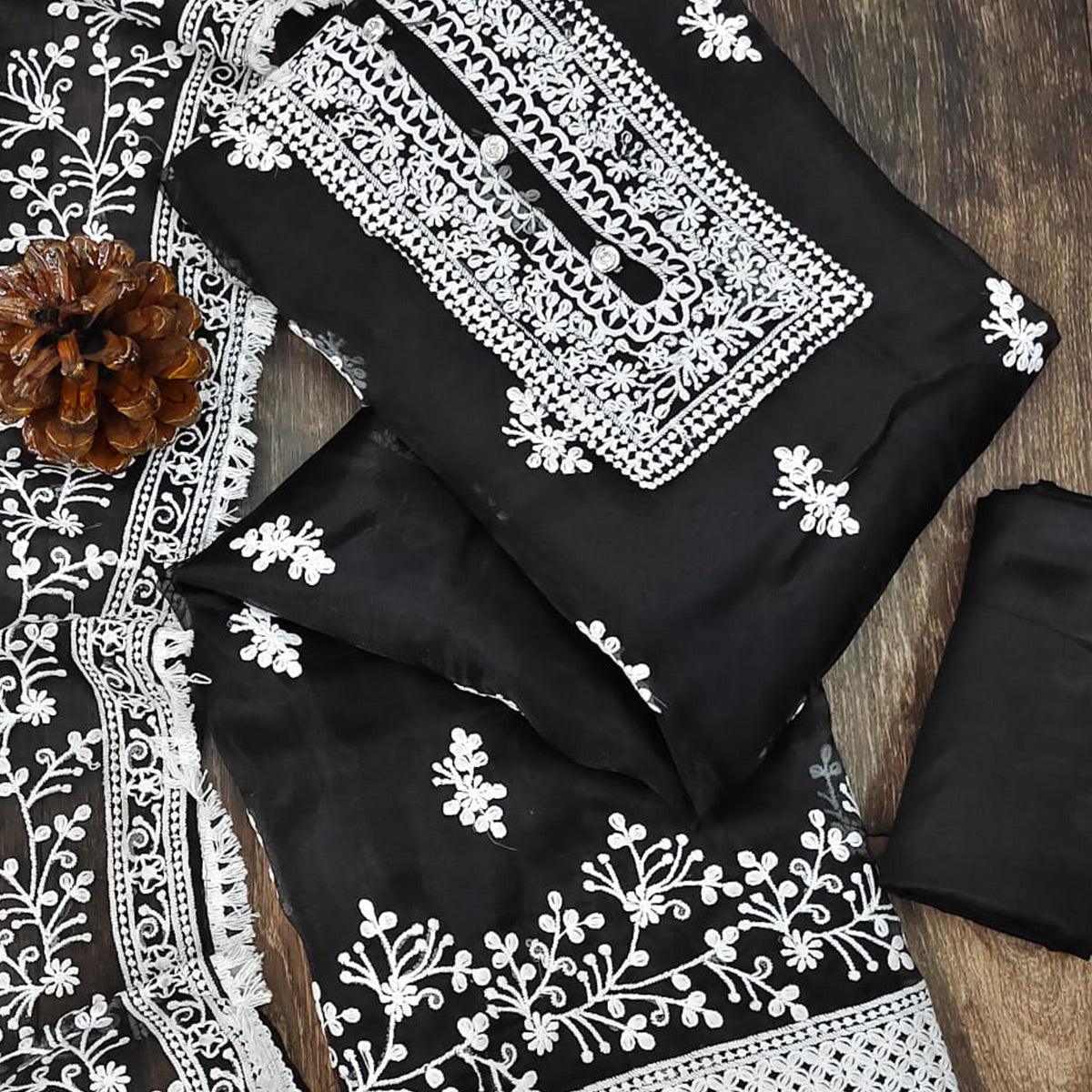 Black Floral Embroidered Organza Dress Material