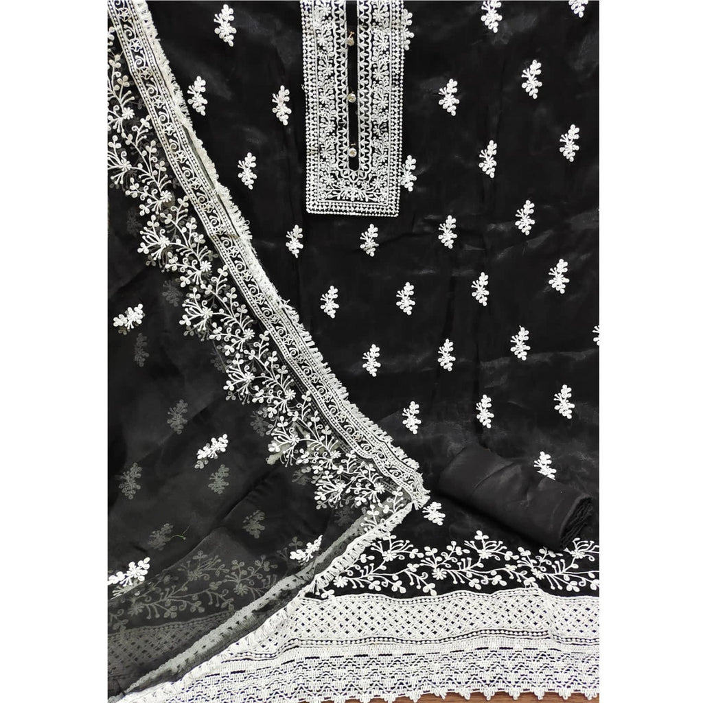 Black Floral Embroidered Organza Dress Material