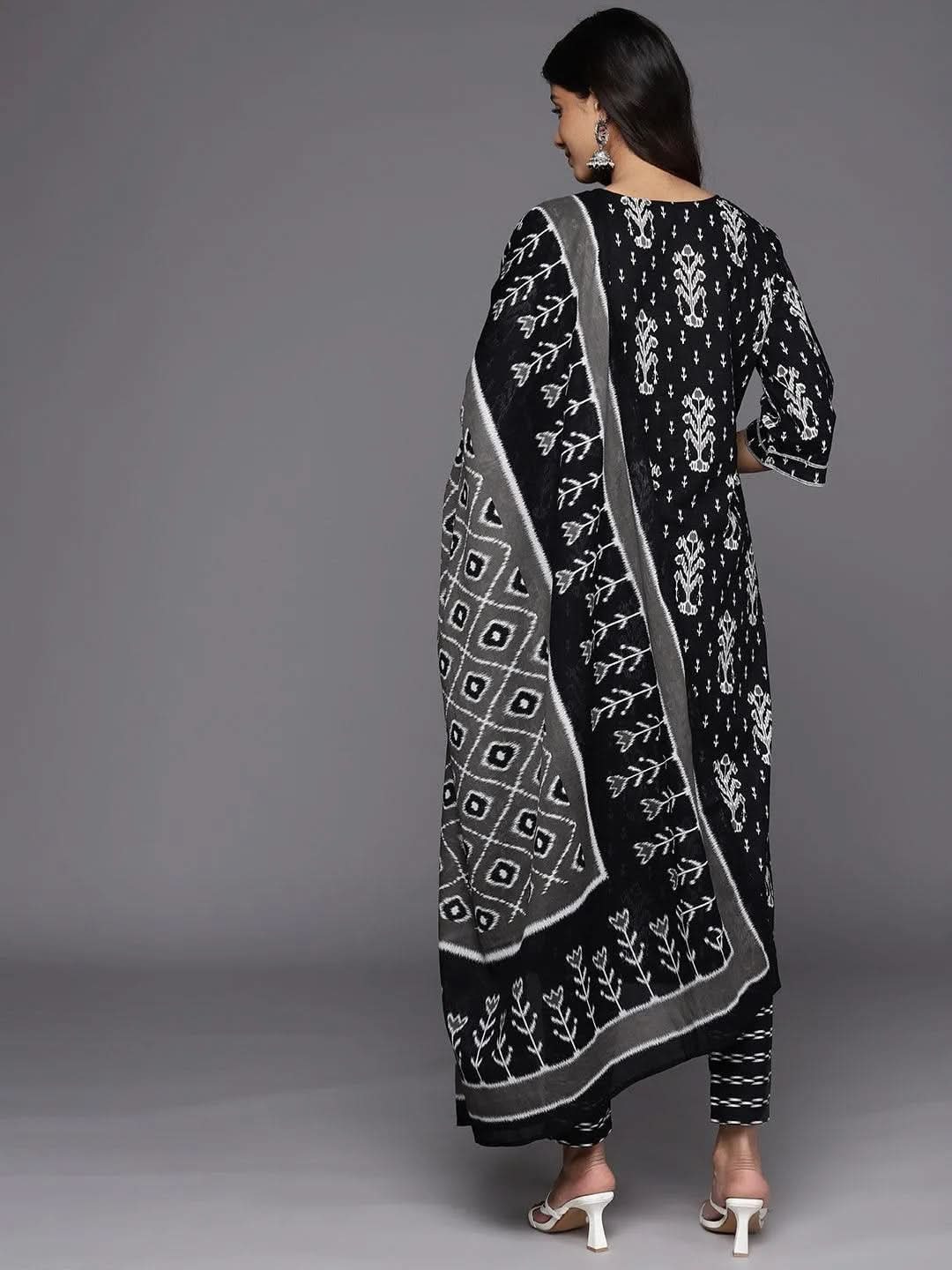 Black Printed Cotton Straight Kurta With Trousers & Dupatta