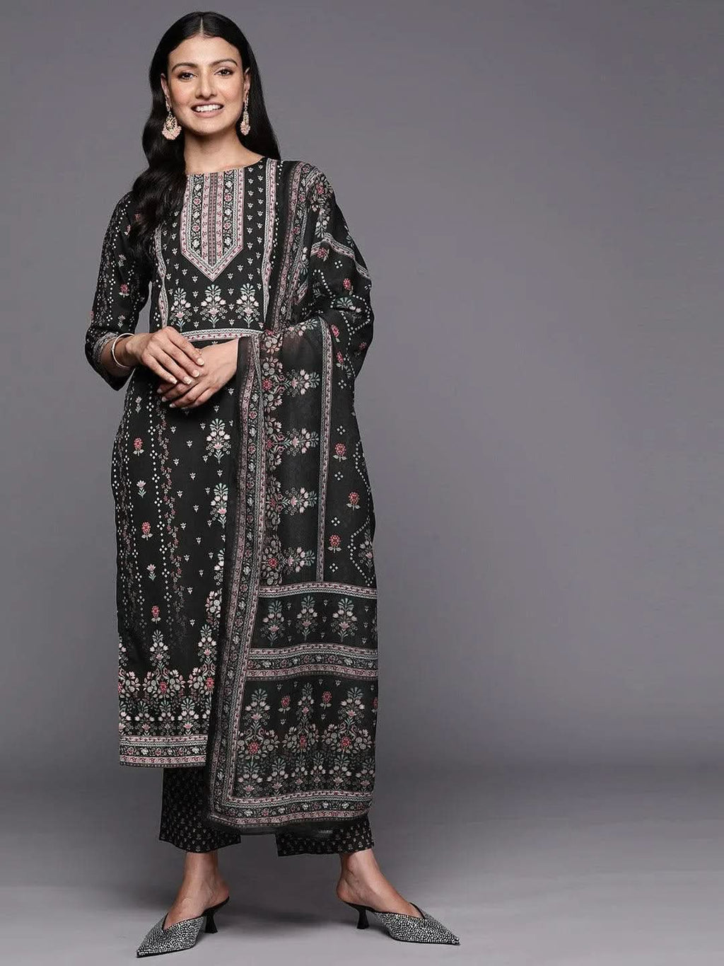 Black Printed Crepe Straight Kurta With Trousers & Dupatta