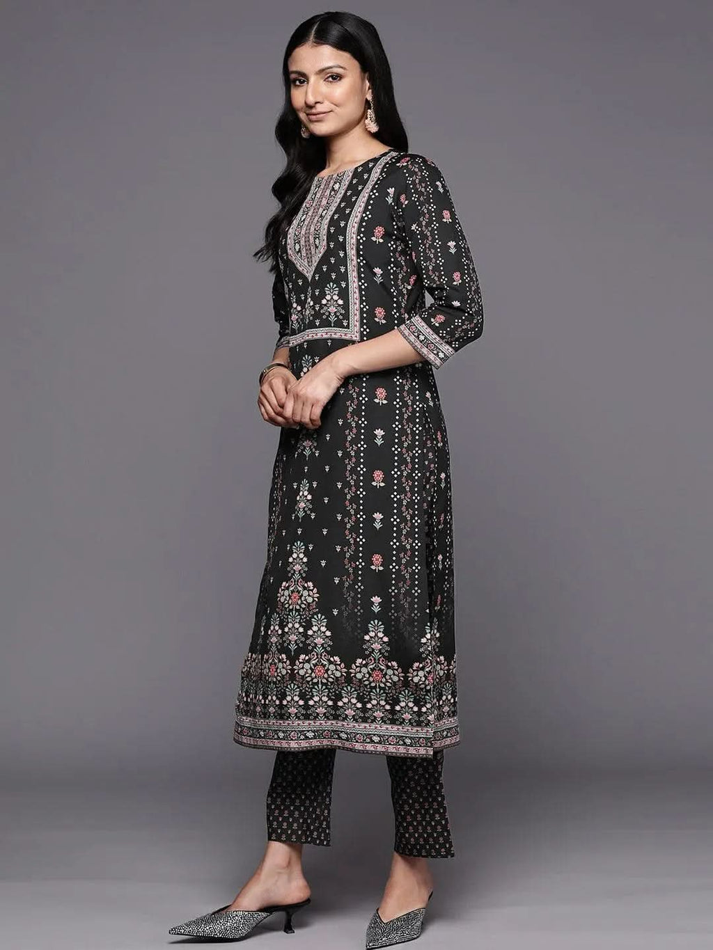 Black Printed Crepe Straight Kurta With Trousers & Dupatta