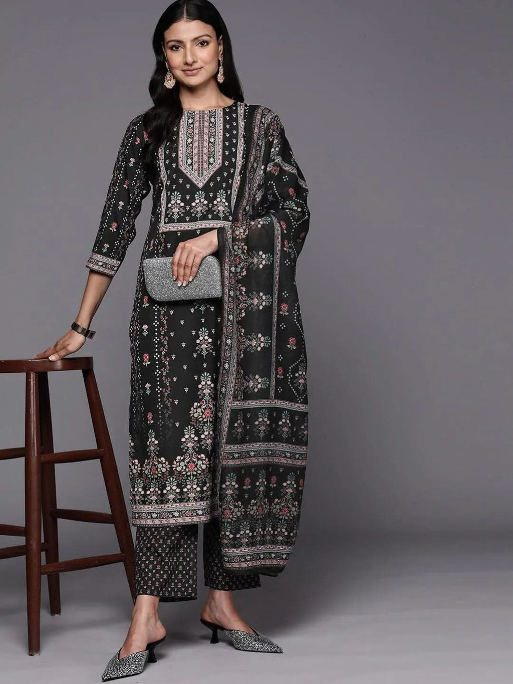 Black Printed Crepe Straight Kurta With Trousers & Dupatta