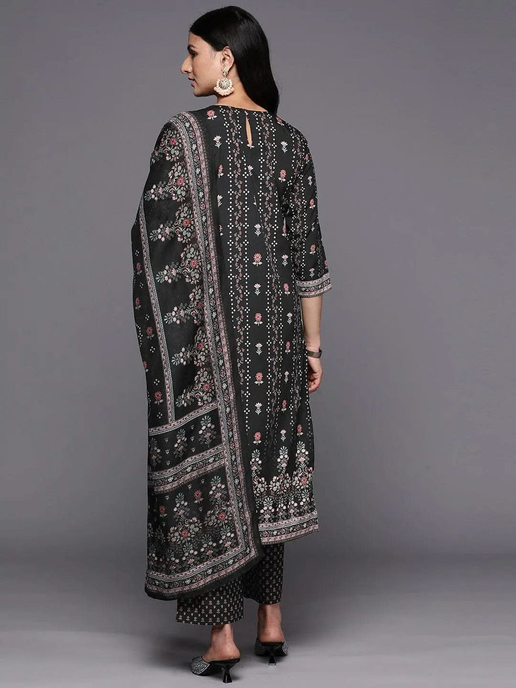 Black Printed Crepe Straight Kurta With Trousers & Dupatta