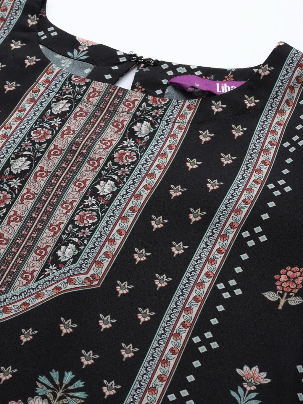 Black Printed Crepe Straight Kurta With Trousers & Dupatta