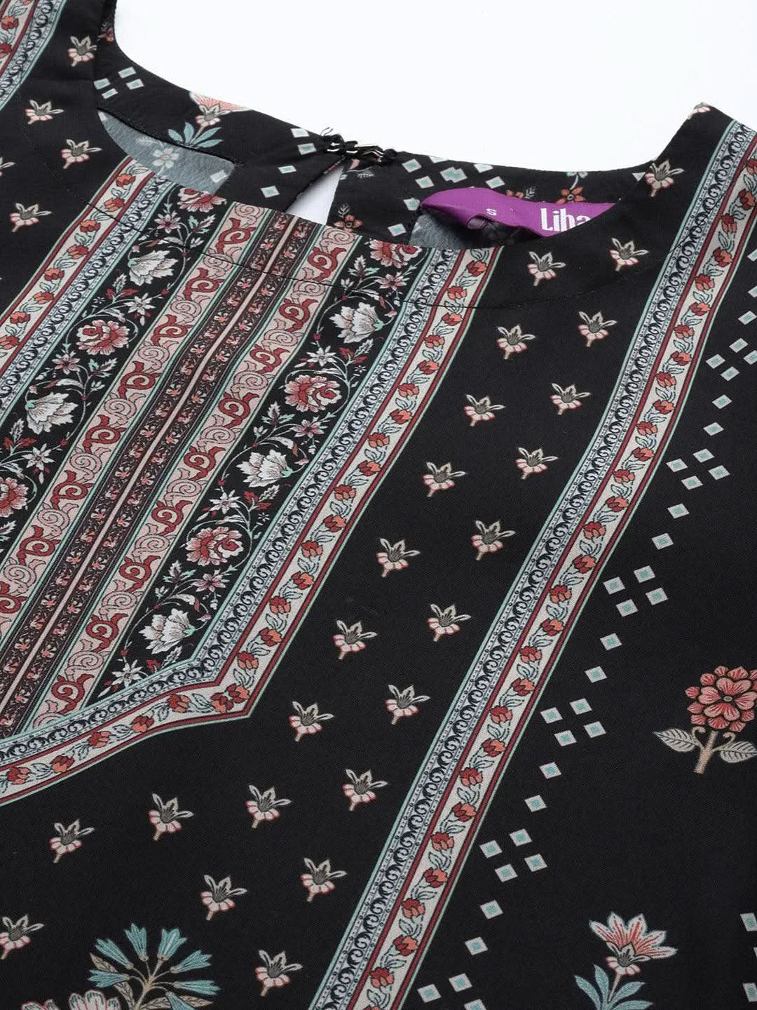 Black Printed Crepe Straight Kurta With Trousers & Dupatta