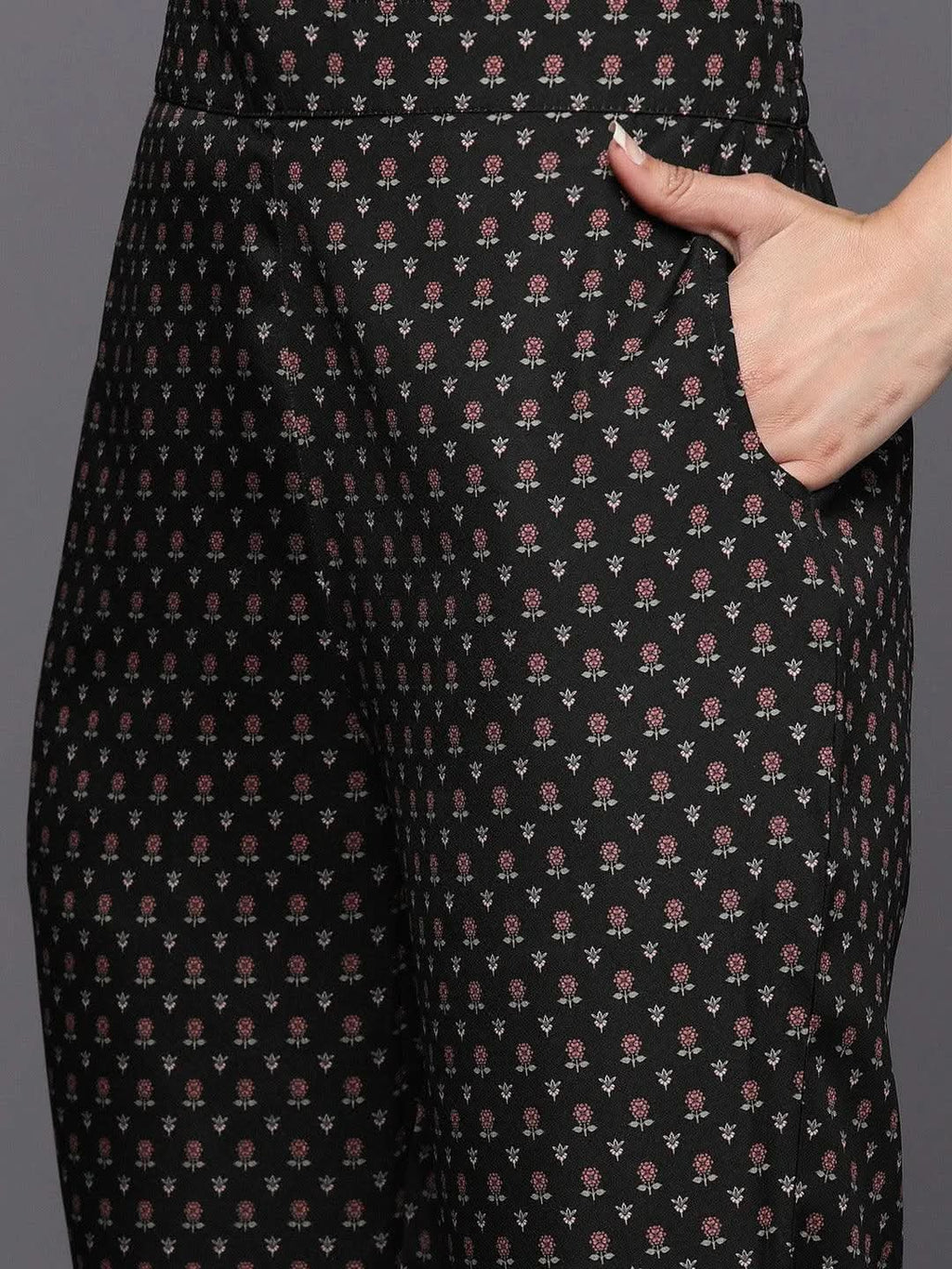 Black Printed Crepe Straight Kurta With Trousers & Dupatta