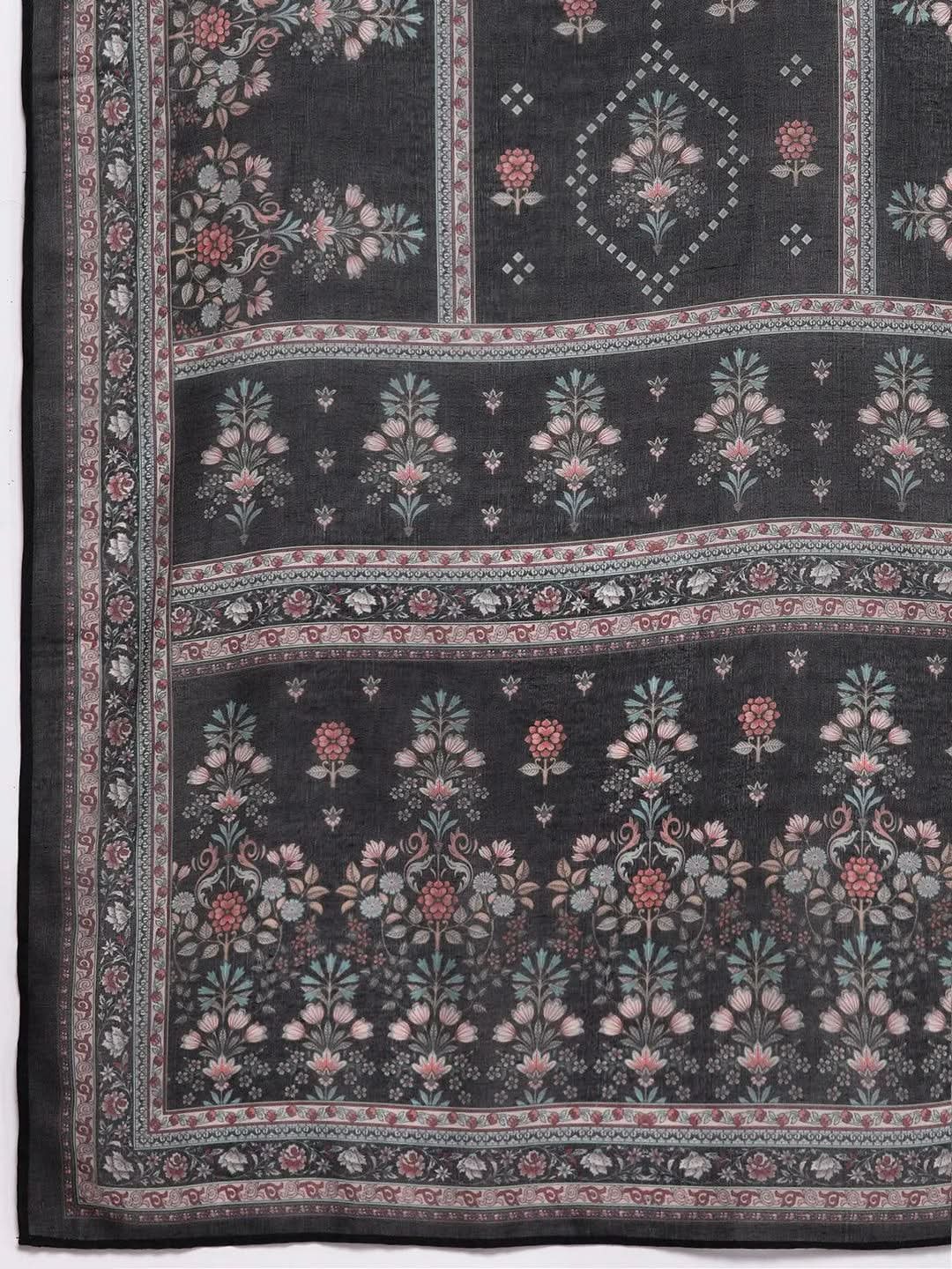 Black Printed Crepe Straight Kurta With Trousers & Dupatta