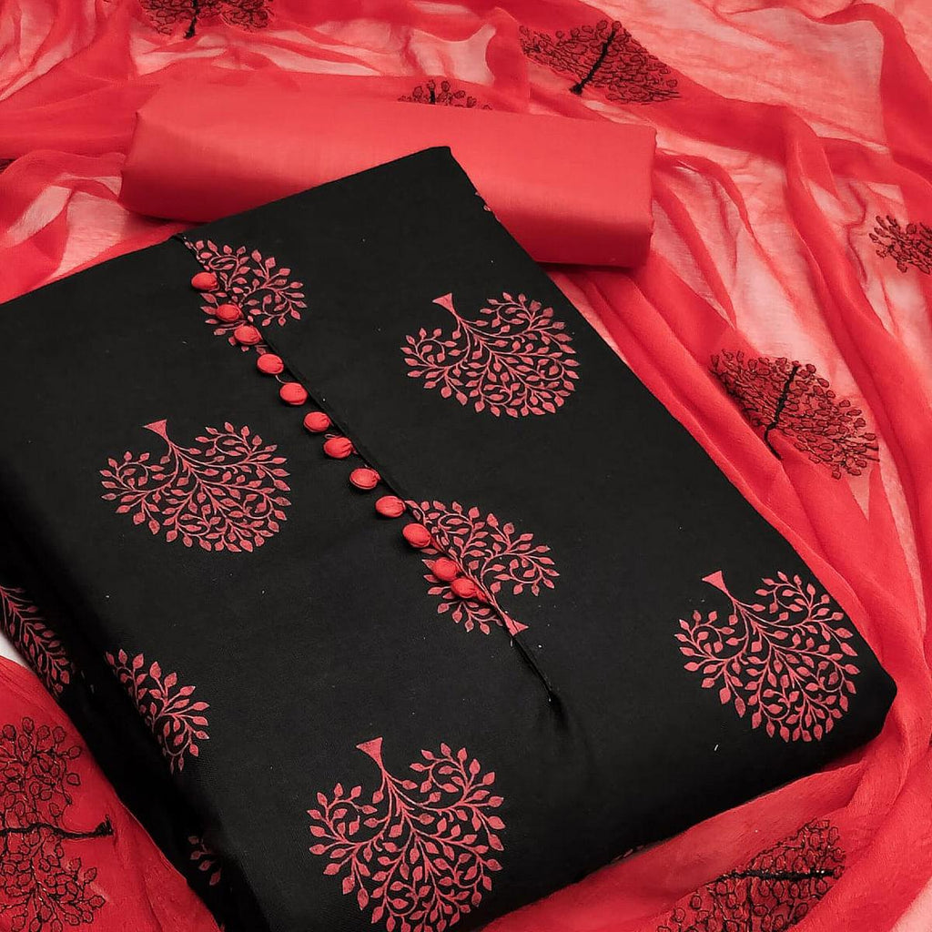 Black Printed Cotton Blend Dress Material