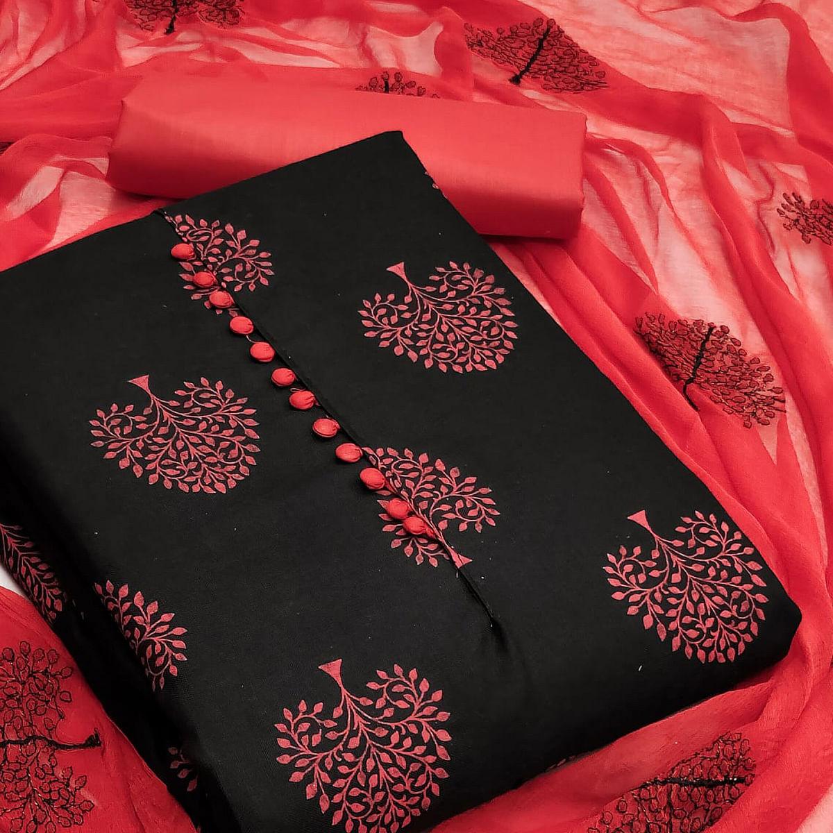 Black Printed Cotton Blend Dress Material