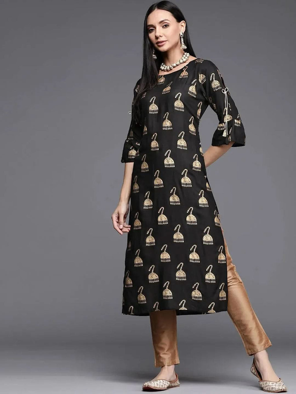 Black Printed Rayon Kurta - Libas