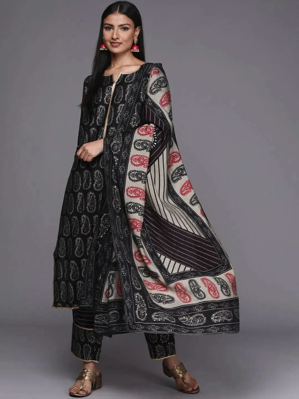 Black Printed Silk Blend Straight Kurta With Dupatta