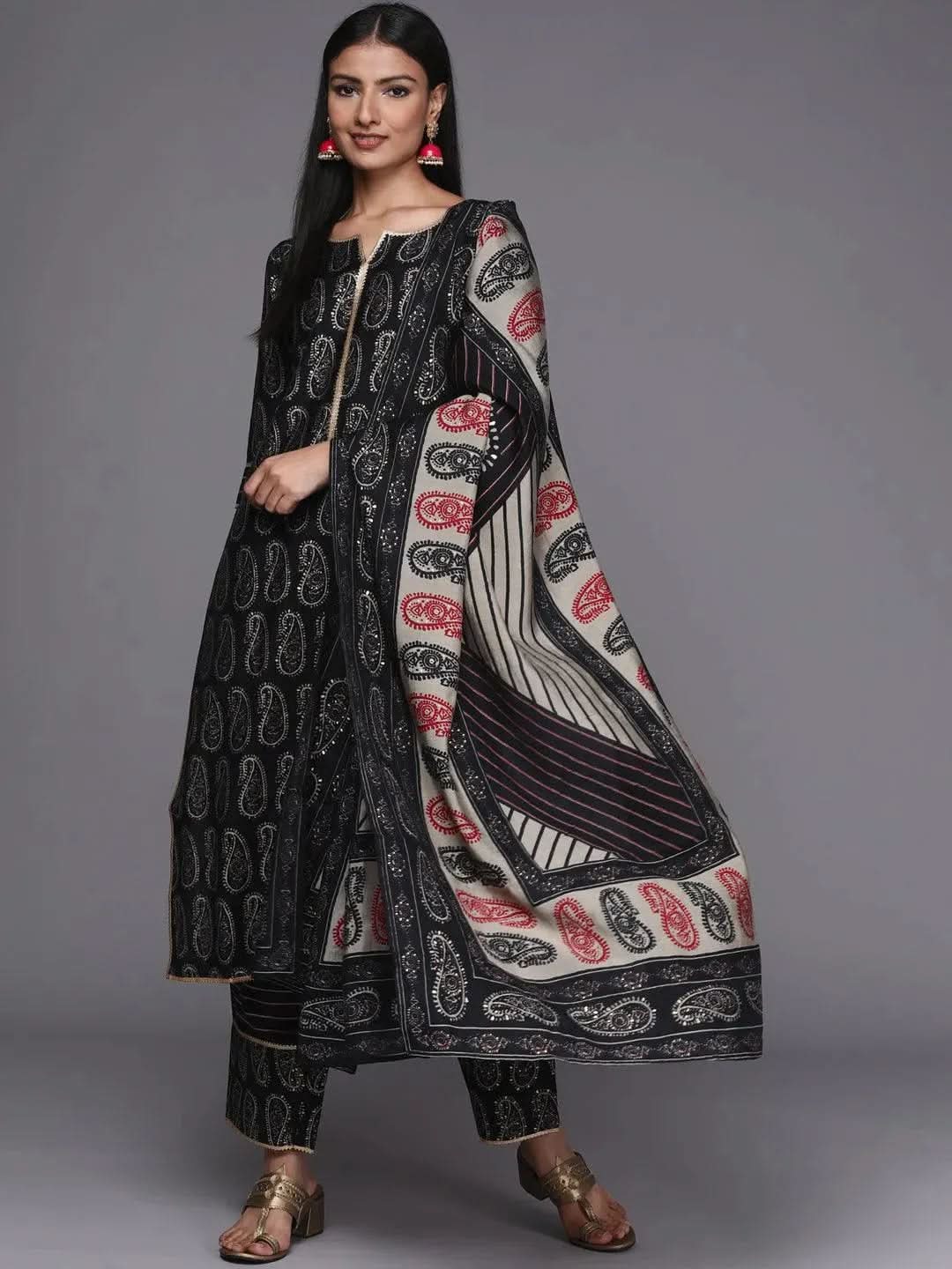 Black Printed Silk Blend Straight Kurta With Dupatta