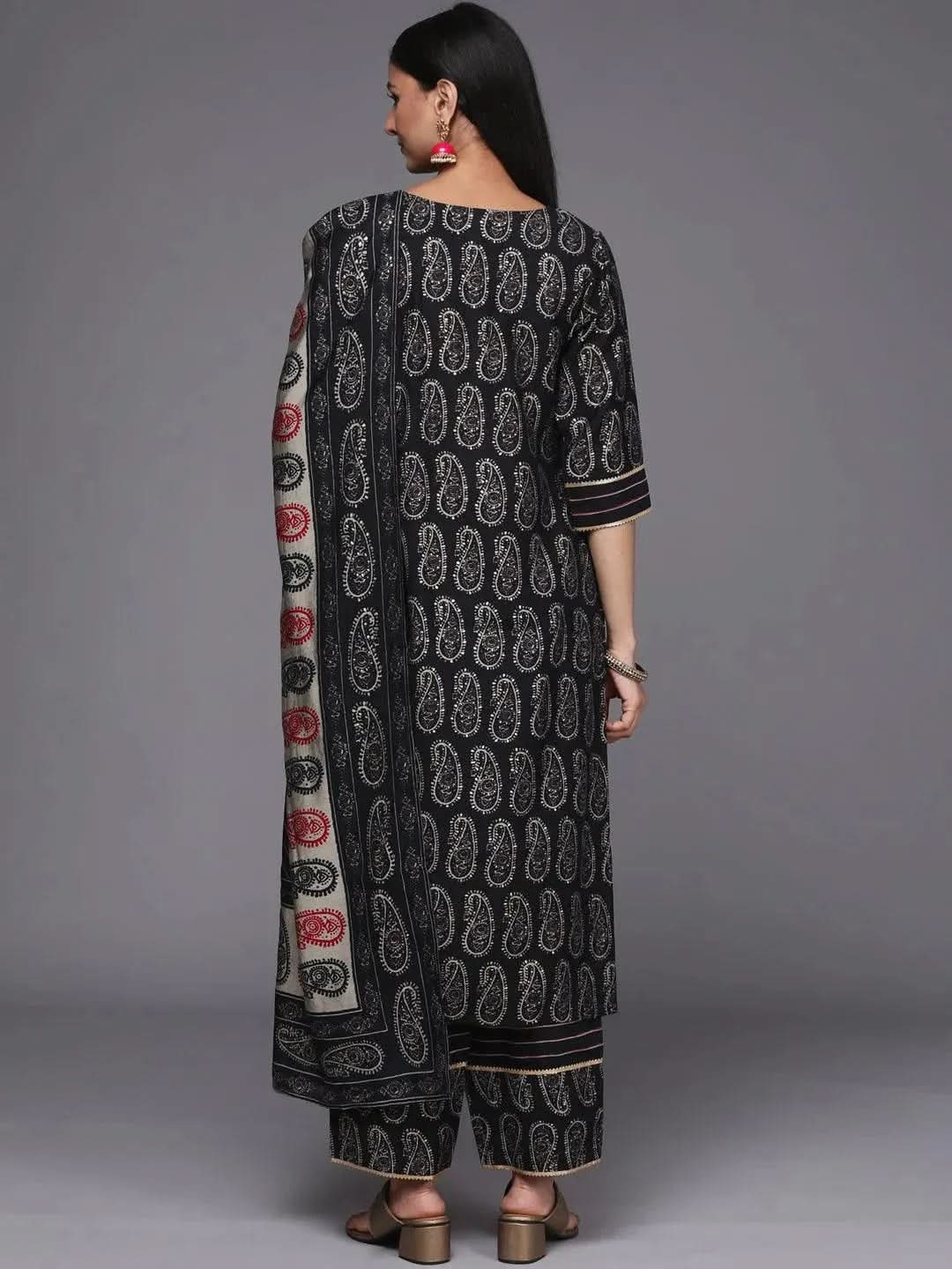Black Printed Silk Blend Straight Kurta With Dupatta