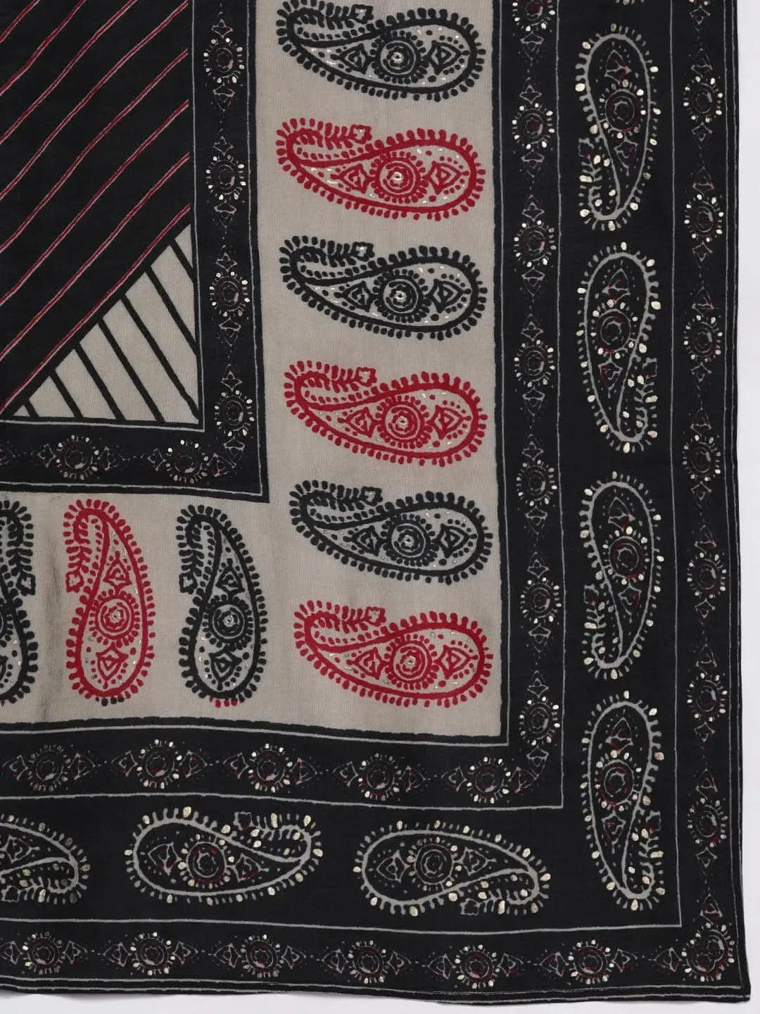 Black Printed Silk Blend Straight Kurta With Dupatta