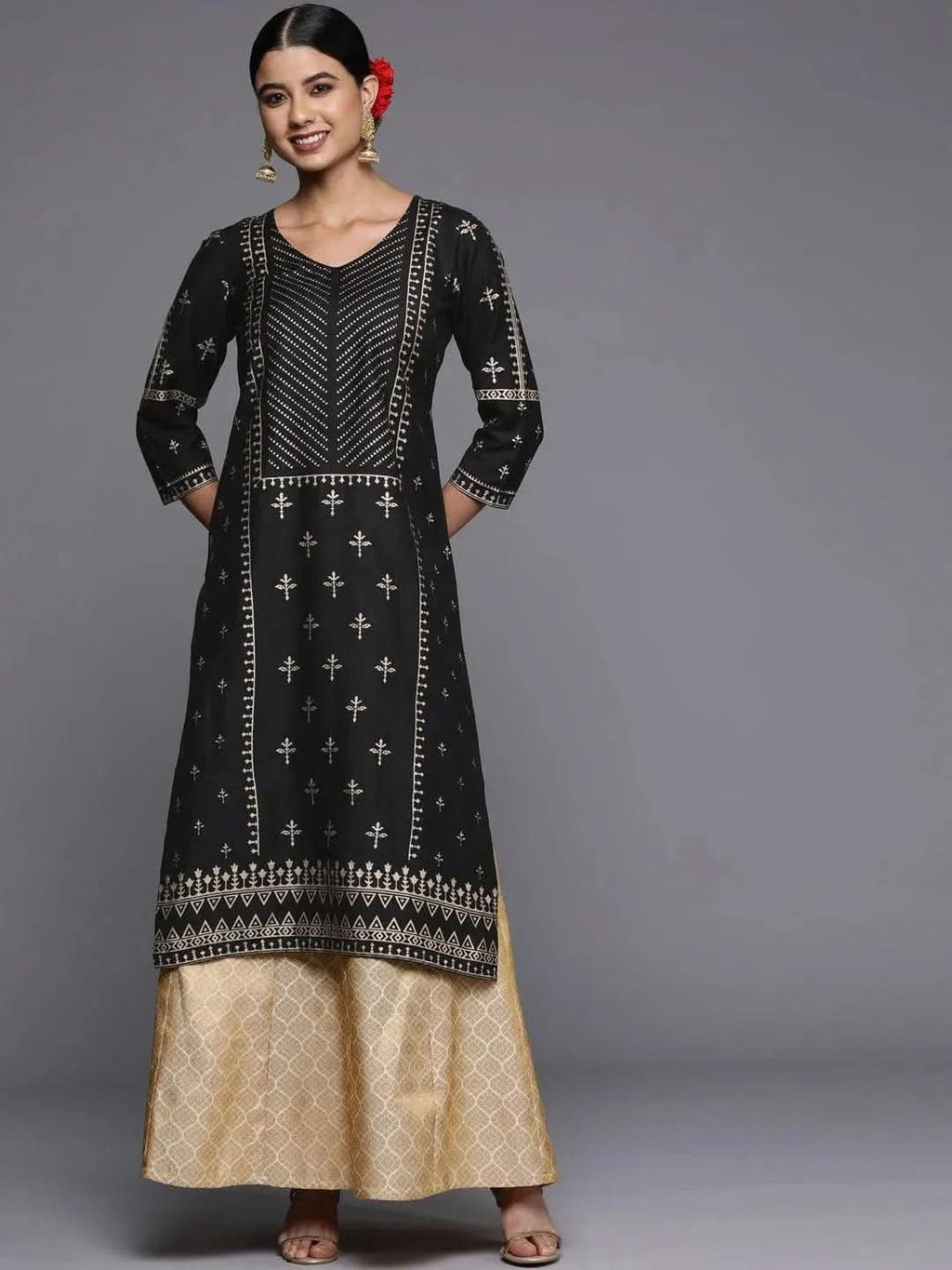 Black Printed Silk Straight Kurta - Libas