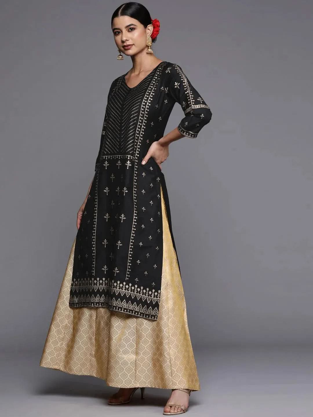 Black Printed Silk Straight Kurta - Libas