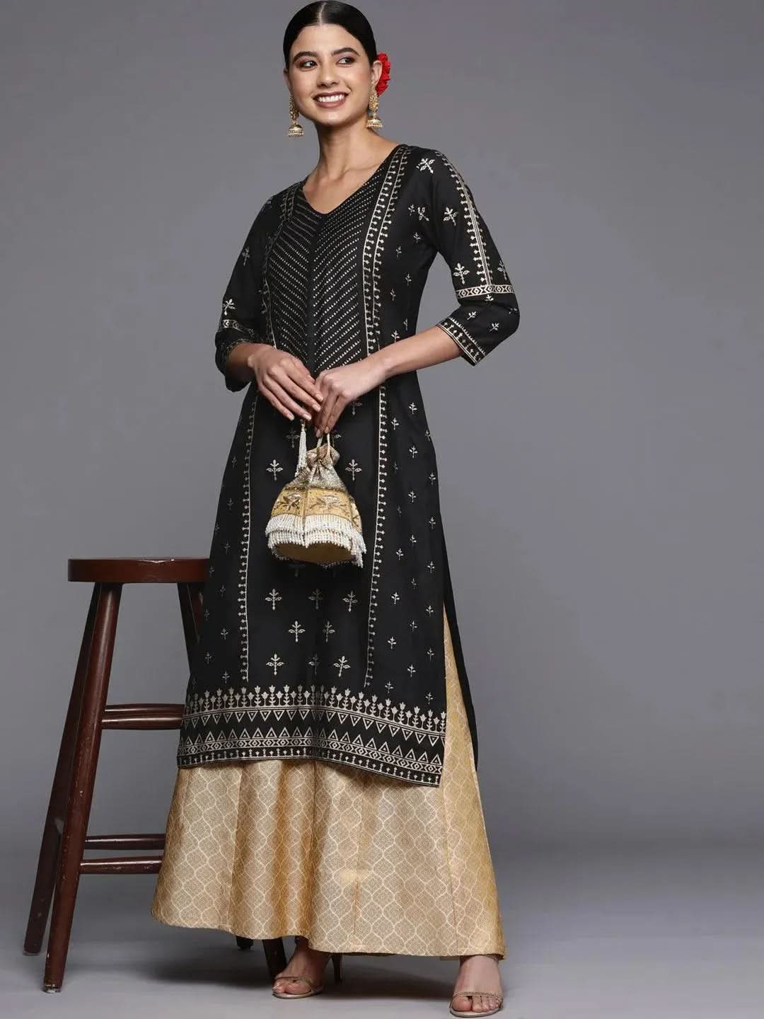 Black Printed Silk Straight Kurta - Libas