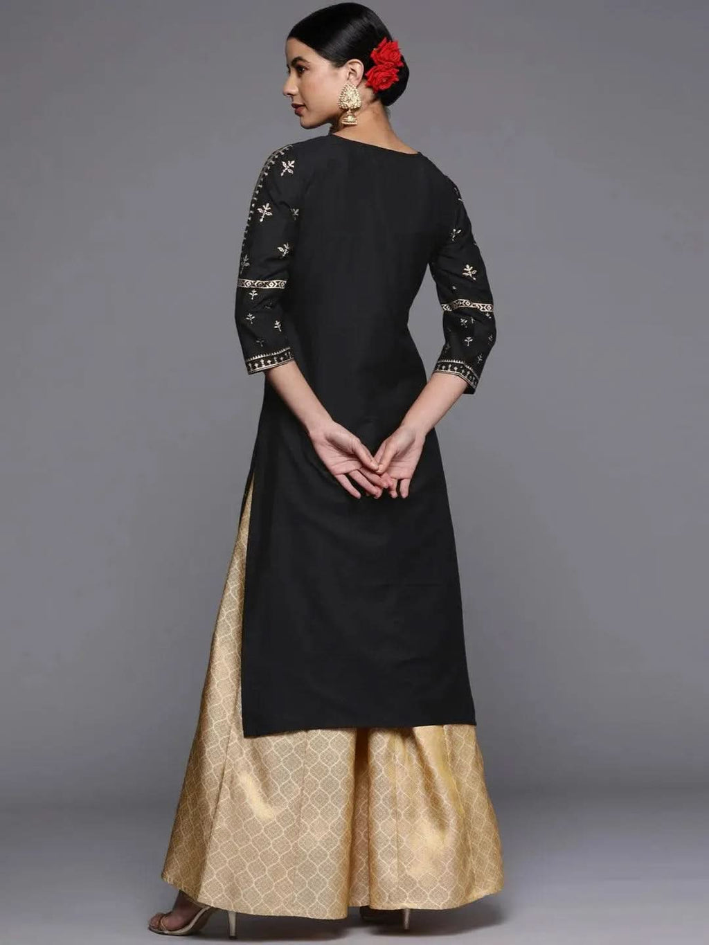 Black Printed Silk Straight Kurta - Libas